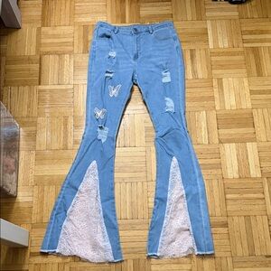 Light Blue Distressed Flare Jeans with Lace Insert & Butterfly Patches